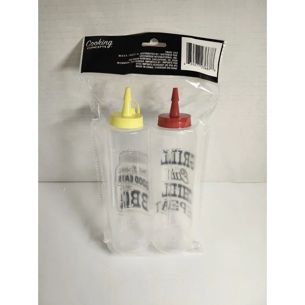 2 Clear BBQ Squeeze Bottle Condiment Dispensers 14oz Ketchup and Mustard